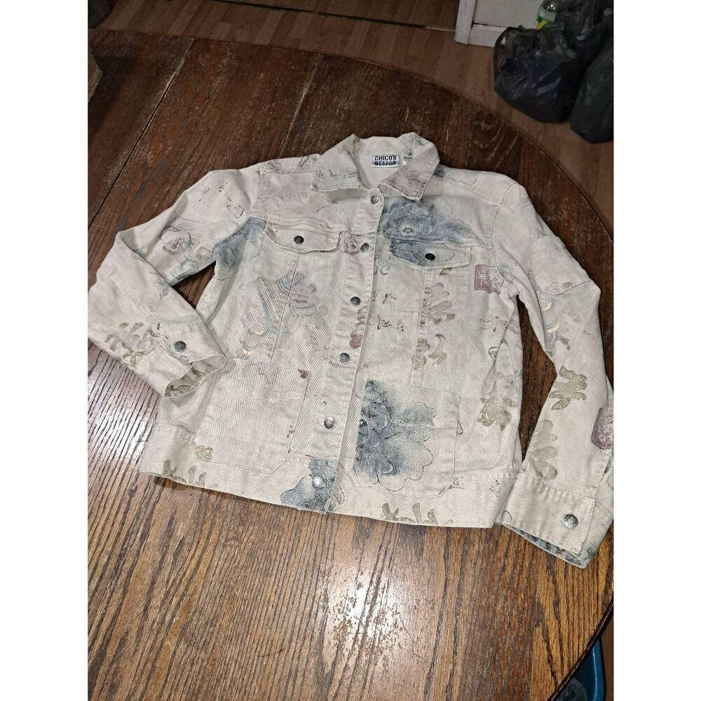 Size 4 Chicos Designs Size 0 Tan Faded Denim Jean Jacket Floral with Pockets